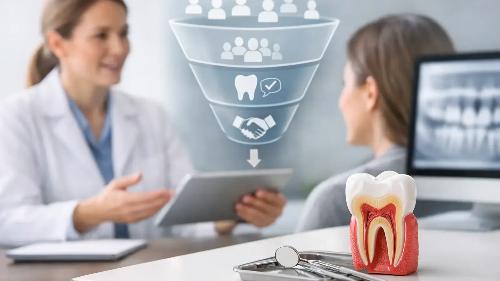 Dental lead filtering concept with a clinician, patient, tooth model, and a qualification funnel overlay.