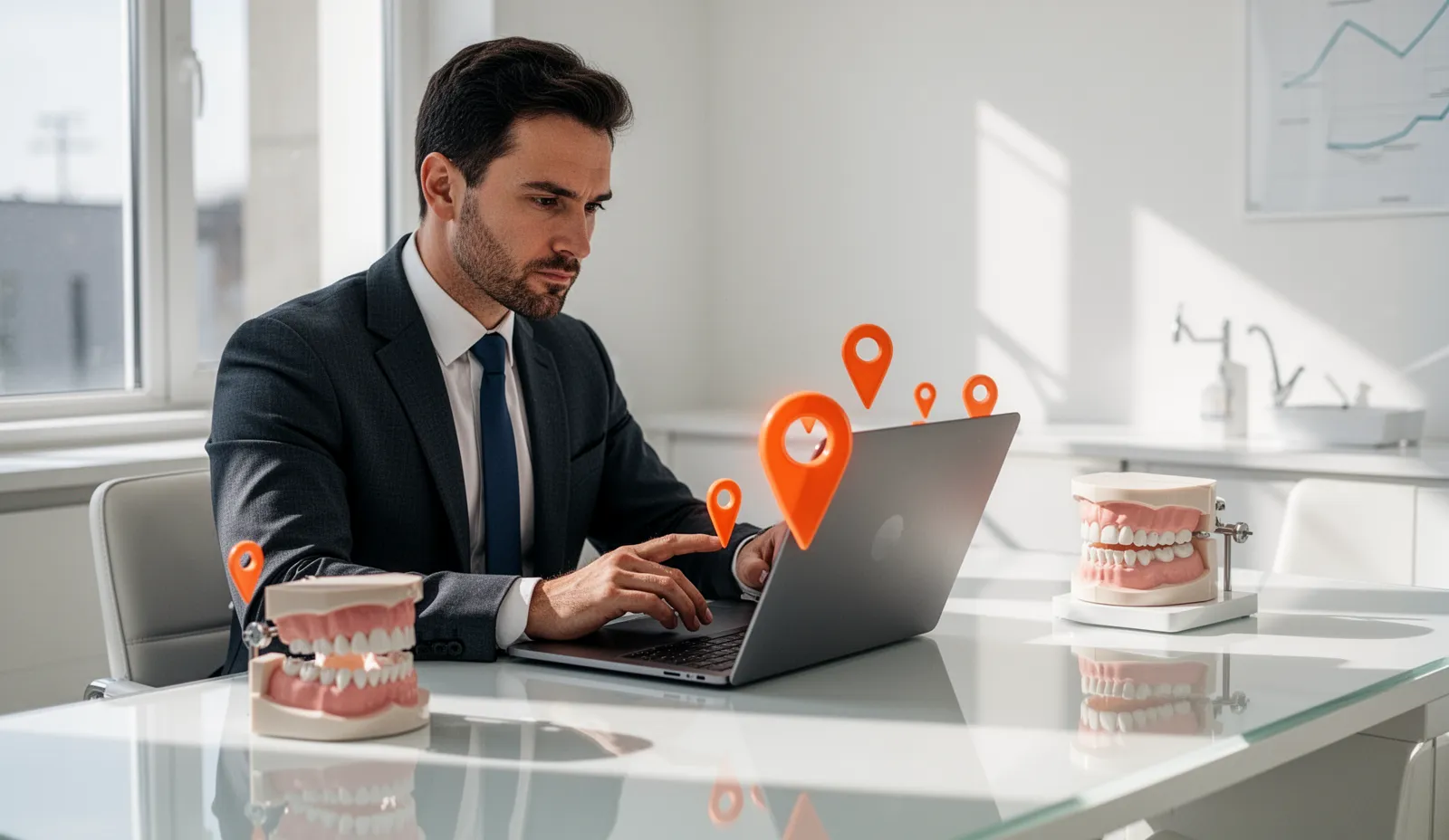 Local dental SEO planning with market map signals, clinic analytics, and dental model on a strategy desk